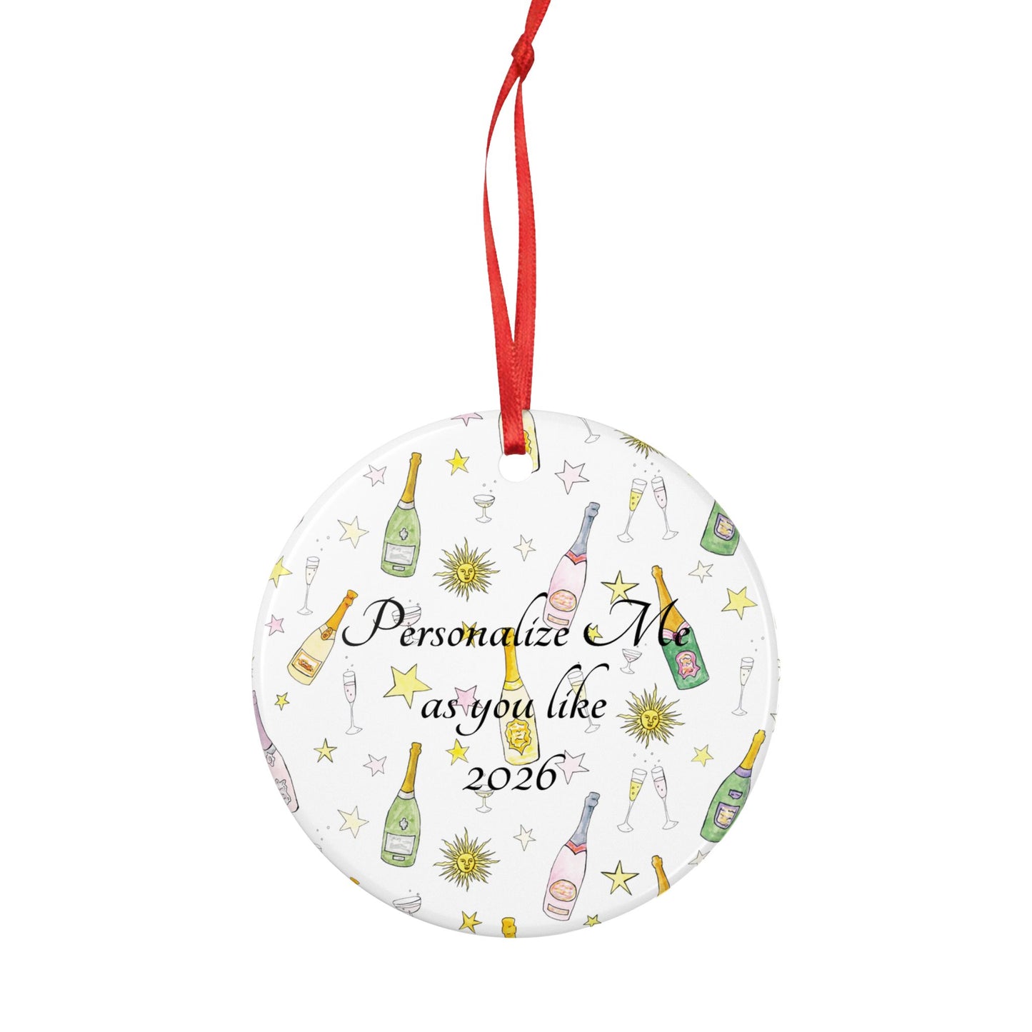 Personalized Champagne Bottle Ceramic Ornament – Customizable 2026 Holiday Keepsake