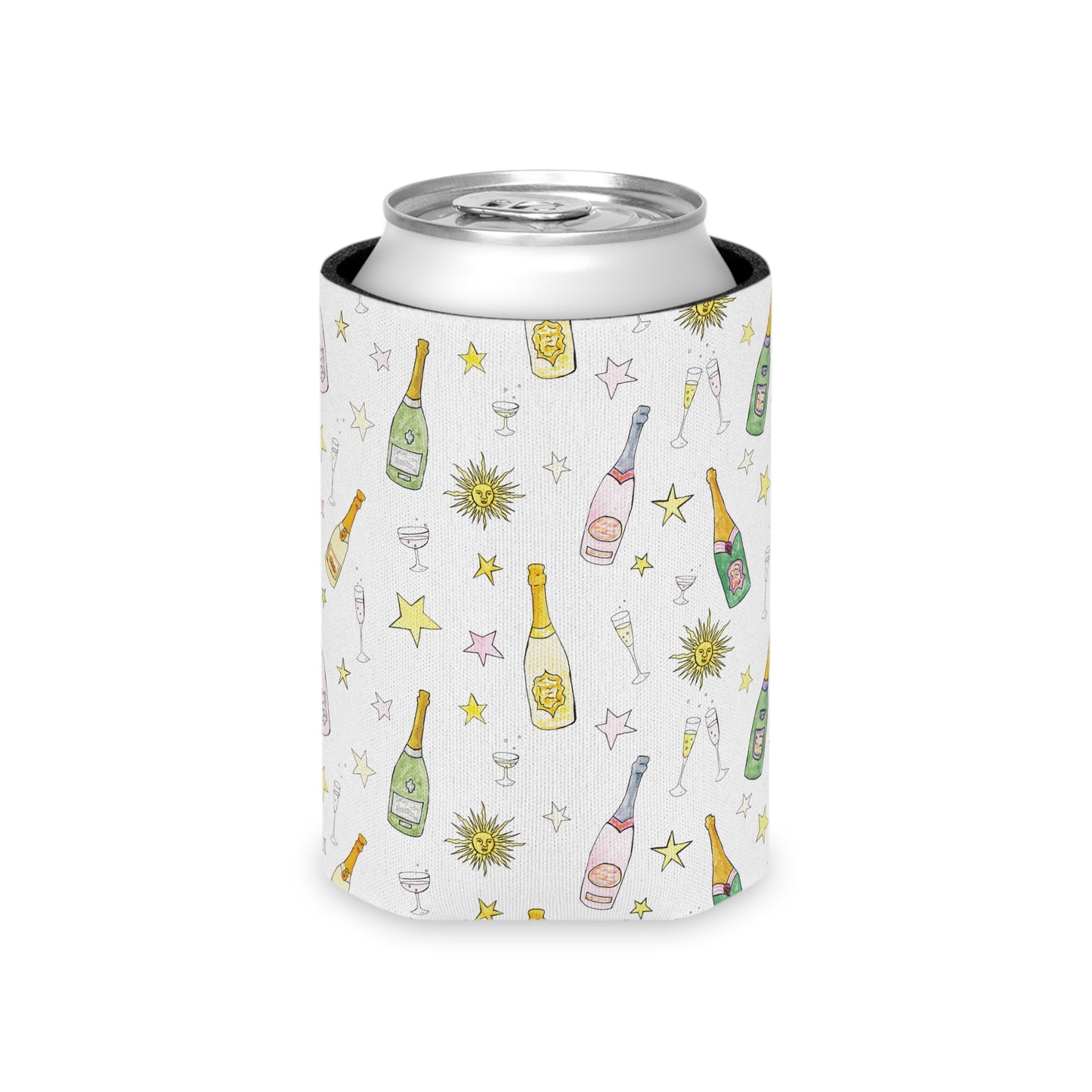 Champagne Bottle Pattern Can Cooler — Bubble Party Drink Koozie