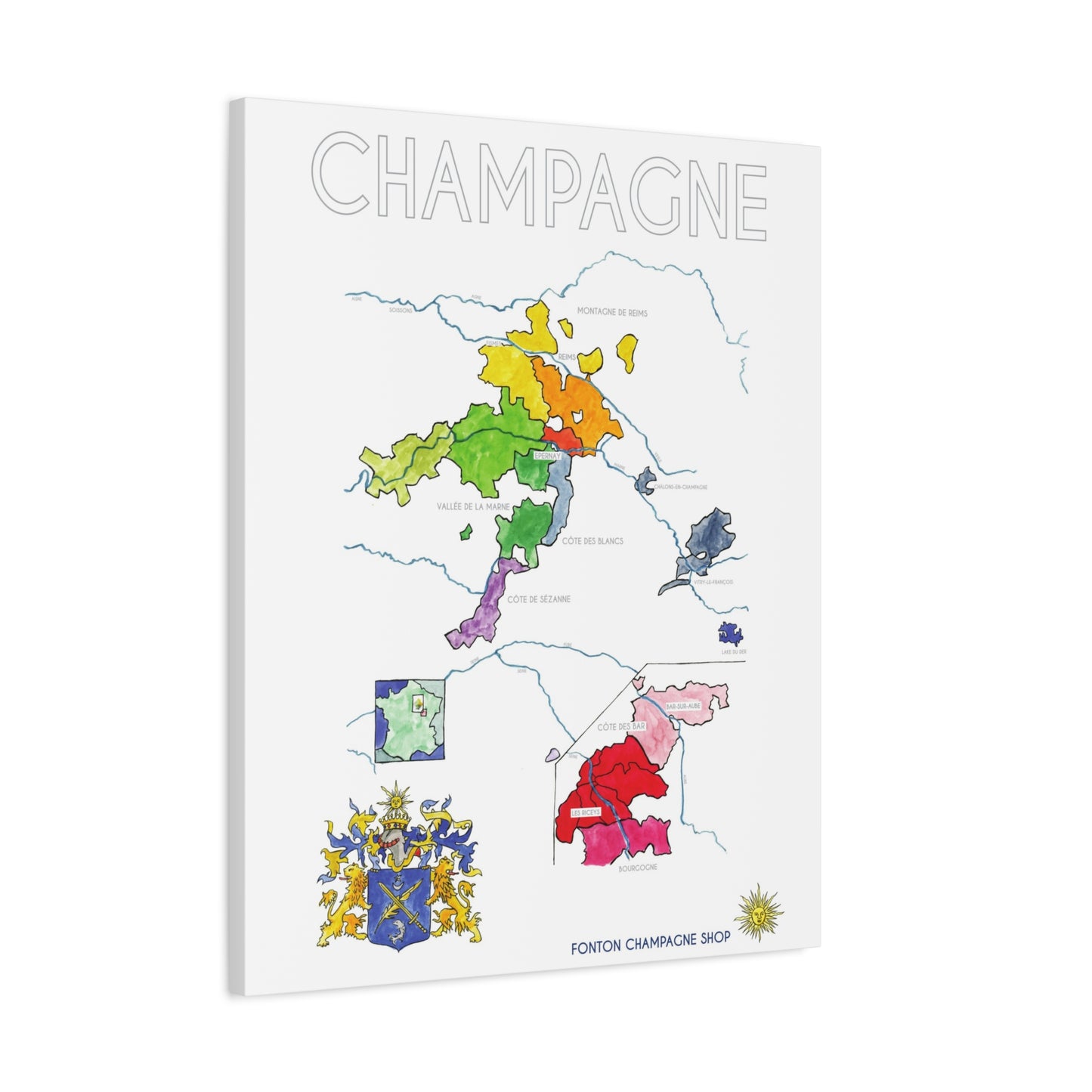 Champagne Region Map Matte Canvas Print — Colorful Vineyard Map Wall Art