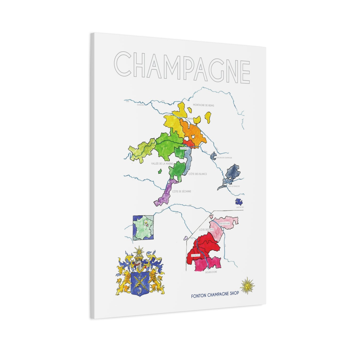 Champagne Region Map Matte Canvas Print — Colorful Vineyard Map Wall Art