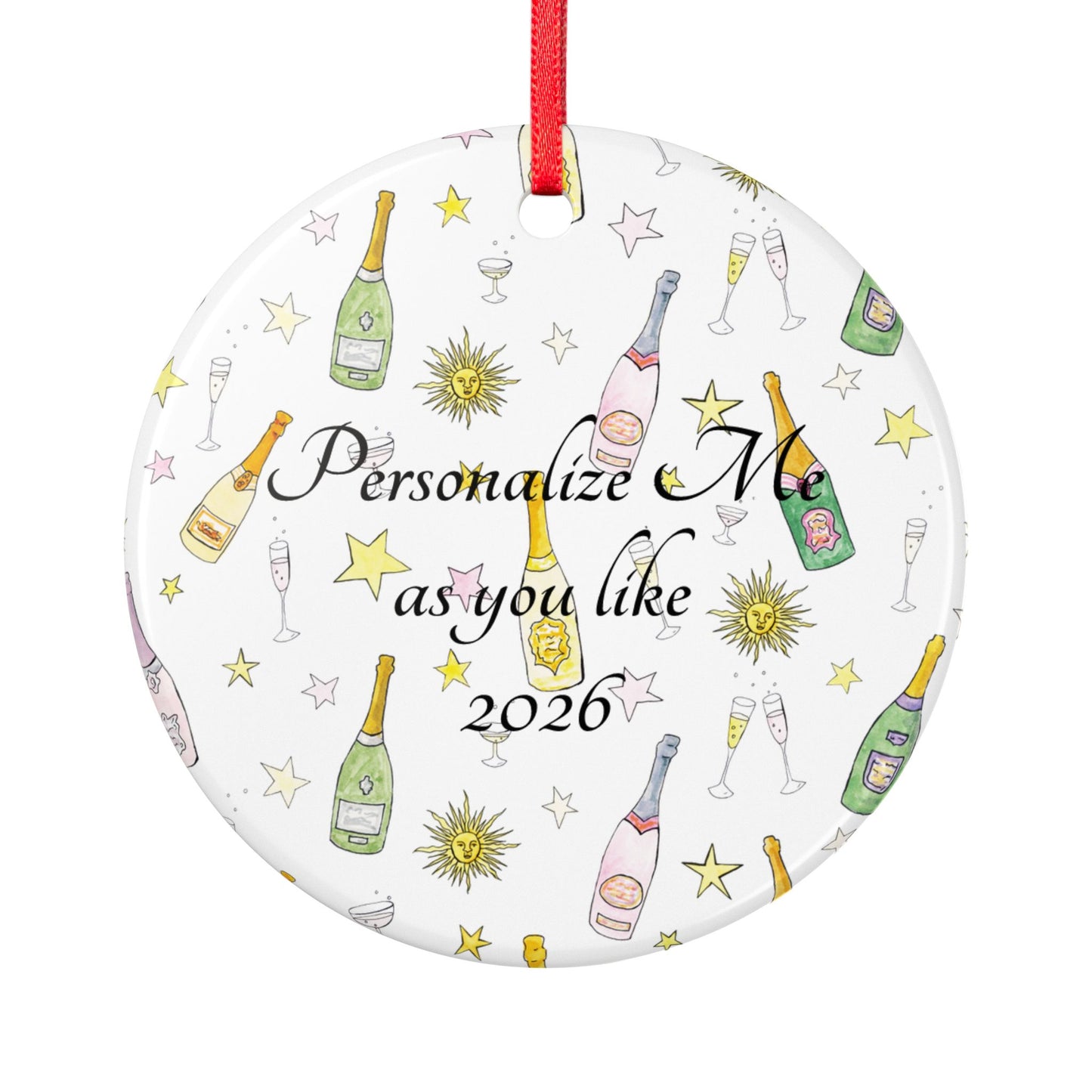Personalized Champagne Bottle Ceramic Ornament – Customizable 2026 Holiday Keepsake