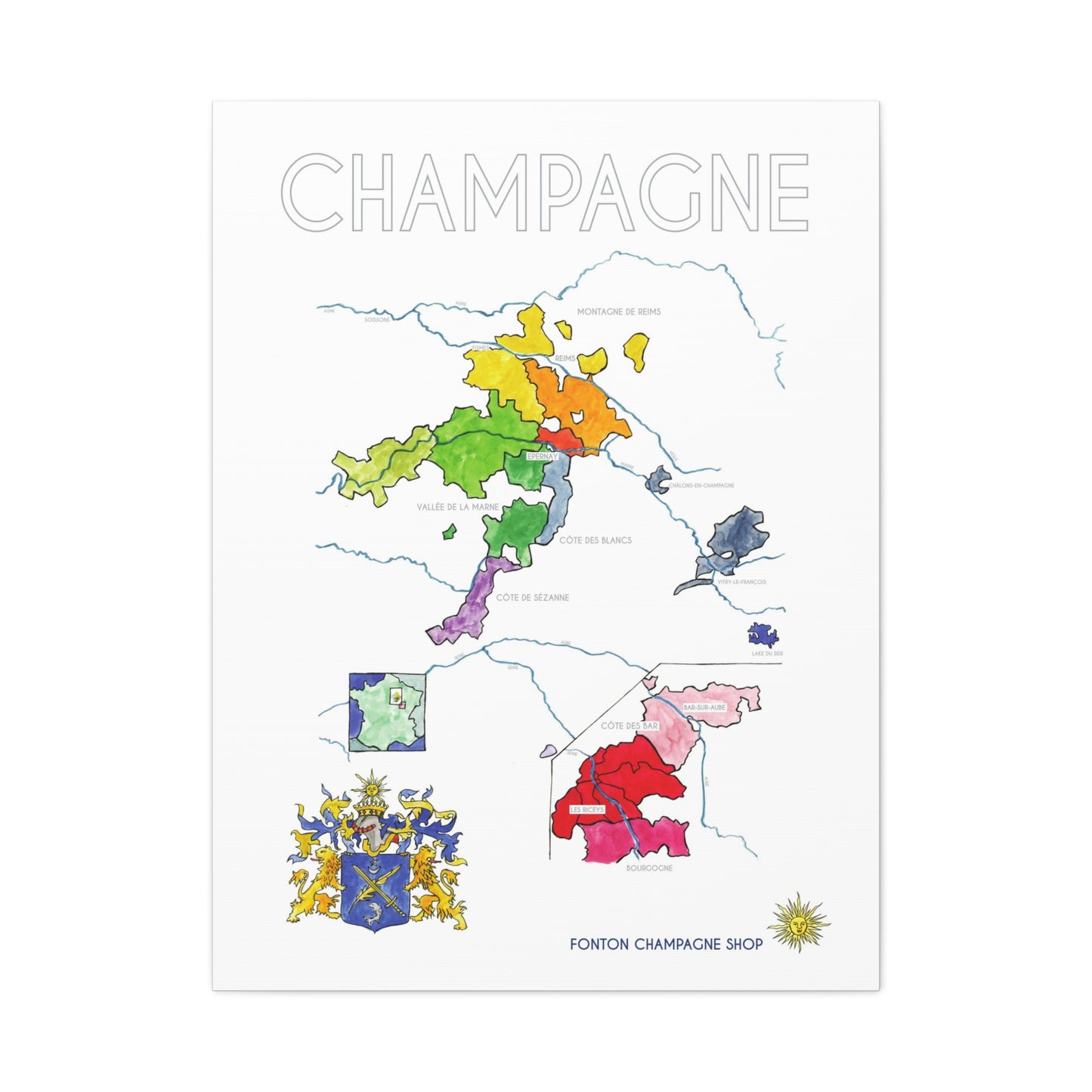Champagne Region Map Matte Canvas Print — Colorful Vineyard Map Wall Art