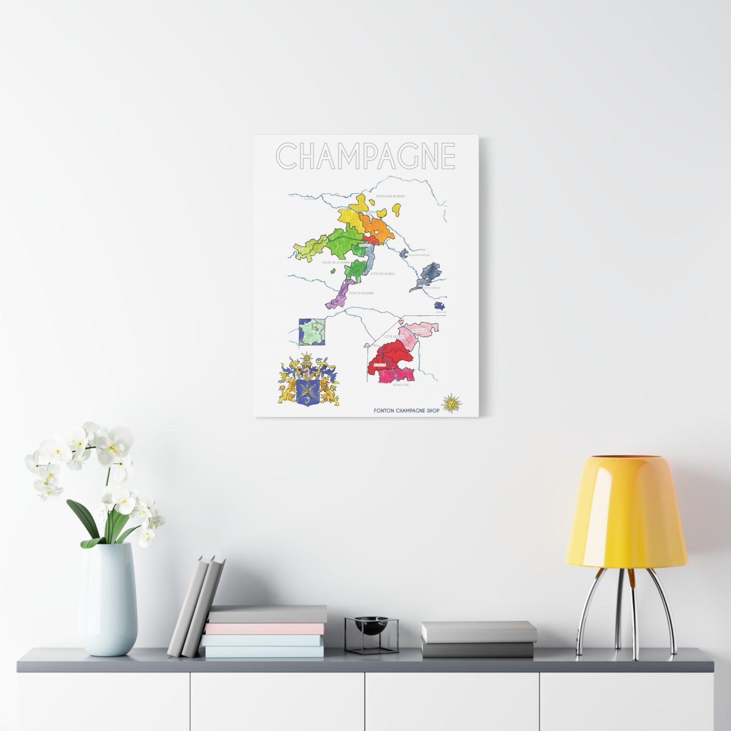 Champagne Region Map Matte Canvas Print — Colorful Vineyard Map Wall Art