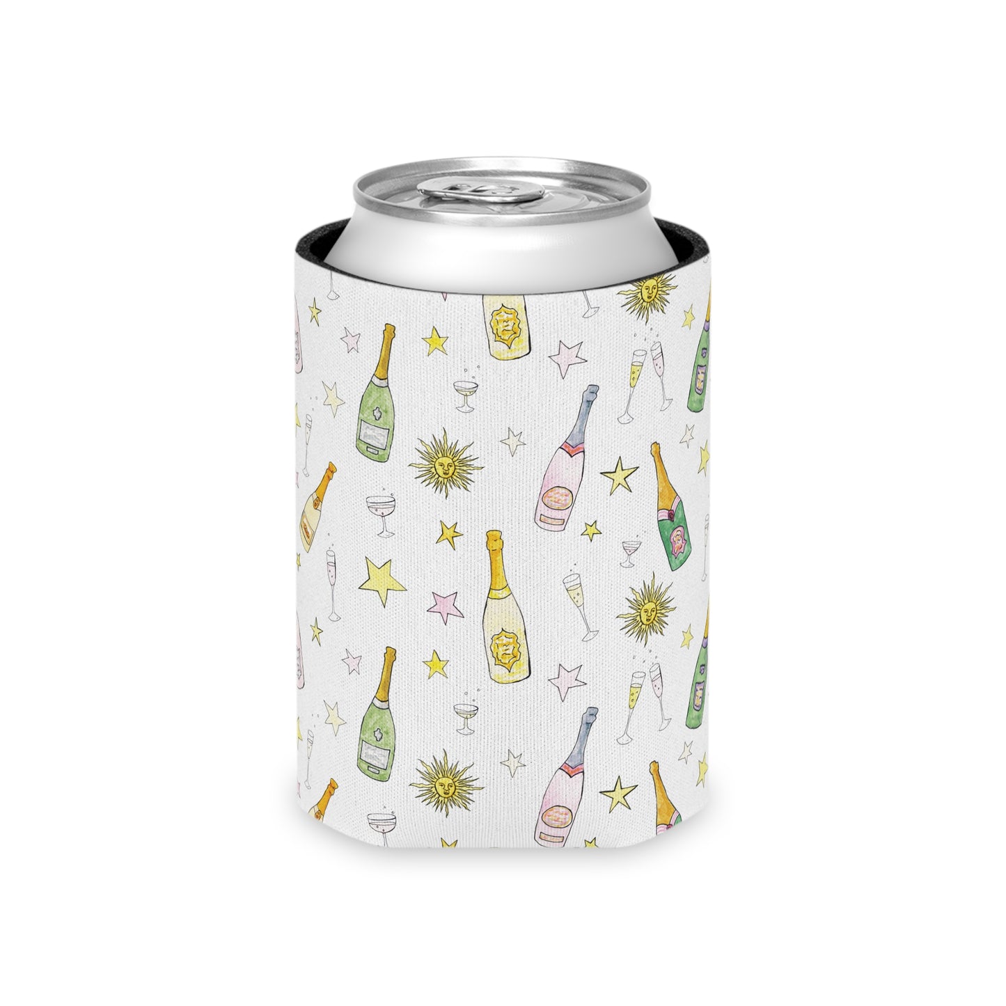 Champagne Bottle Pattern Can Cooler — Bubble Party Drink Koozie