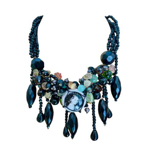 Black Beaded Statement Choker with Champagne Capsule